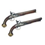 A GOOD PAIR OF 22-BORE FLINTLOCK HOLSTER PISTOLS SIGNED WILSON, LONDON, no visible serial numbers,