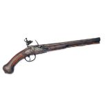 AN EARLY 25-BORE ENGLISH FLINTLOCK HOLSTER PISTOL, UNSIGNED, no visible serial number, circa 1690,
