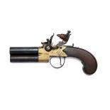 TWIGG, LONDON A 52-BORE FLINTLOCK BRASS-BODIED TAP-ACTION OVER AND UNDER TRAVELLING PISTOL, no