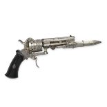 A SCARCE 7mm PINFIRE POCKET REVOLVER WITH FOLDING BAYONET, UNSIGNED, no visible serial number,