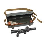 A BRITISH No.32 MK3 TELESCOPIC SIGHT FOR THE L1A1 RIFLE WITH MOUNT & No.8 TRANSIT TIN, SIGNED T.H.