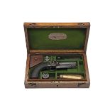 A CASED 26-BORE PERCUSSION SIDE-HAMMER TRAVELLING PISTOL, UNSIGNED, no visible serial number,