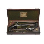 H.W. MORTIMER, LONDON A CASED PAIR OF 25-BORE FLINTLOCK DUELLING PISTOLS, no visible serial numbers,