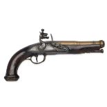 A CONTINENTAL 40-BORE FLINTLOCK CANNON-BARRELLED OVERCOAT PISTOL, UNSIGNED, no visible serial