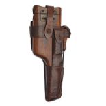 AN ORIGINAL WALNUT HOLSTER-STOCK FOR A C96 MAUSER 'BROOMHANDLE' PISTOL WITH LEATHERWORK, serial
