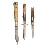 THREE LATE 19th CENTURY POCKET KNIVES, A USA folding bowie, 4in. clipped point blade, ricasso marked
