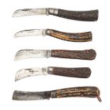 FIVE LATE 19th CENTURY FOLDING POCKET KNIVES, all with antler scales, approx 3 1/2in. blades and 4