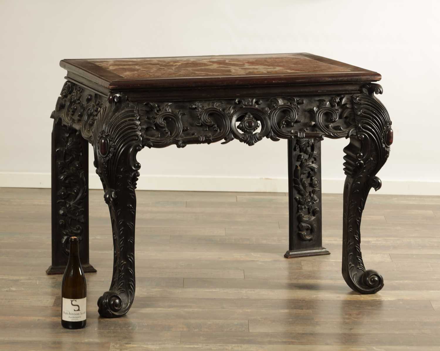 A 19TH CENTURY CHINESE CARVED HARDWOOD AND MARBLE INSET CONSOLE TABLE ...