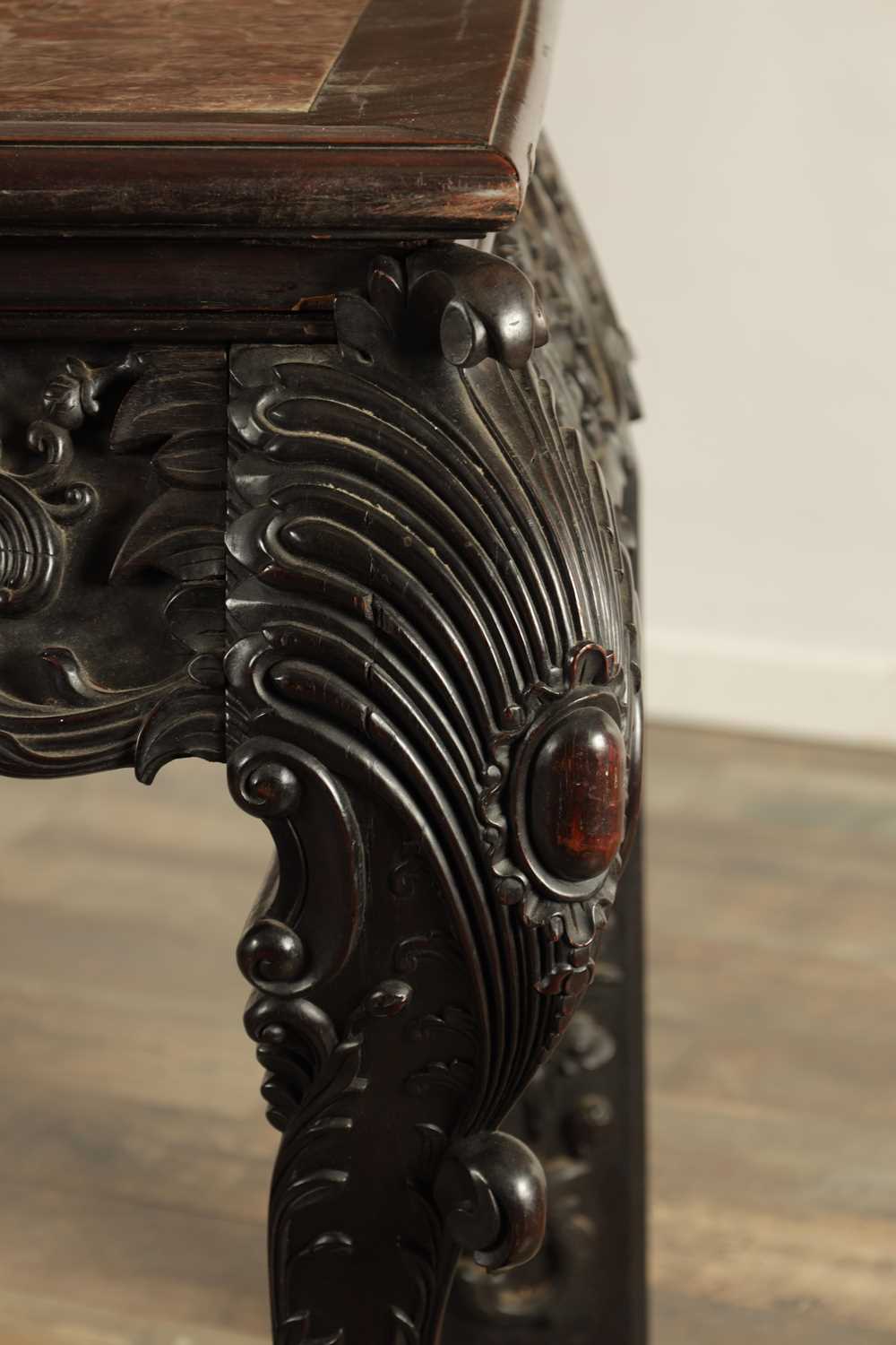A 19TH CENTURY CHINESE CARVED HARDWOOD AND MARBLE INSET CONSOLE TABLE ...