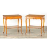 A PAIR OF 19TH CENTURY SATIN BIRCH FRENCH SIDE TABLES RETAILED BY HOWARD AND SONS LTD