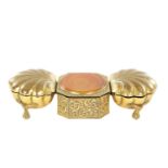 A FINE QUALITY GILT BRONZE ENGRAVED THREE COMPARTMENT INK WELL