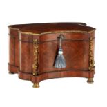 A FINE 19TH CENTURY INLAID KINGWOOD AND OROMLU MOUNTED SERPENTINE SHAPED DECANTER BOX