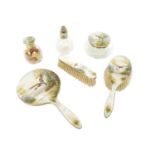 A 1920's SILVER GUILLOCHE ENAMEL DRESSING TABLE SET