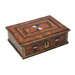 A 17TH CENTURY ITALIAN TORTOISESHELL AND BONE INLAID BRASS BOUND BURR WALNUT BOX