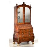 A FINE AND RARE GEORGE I BURR WALNUT BOMBE BUREAU BOOKCASE