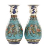 A PAIR OF JAPANESE MEIJI PERIOD CLOISONNE ENAMEL AND PORCELAIN OVOID VASES