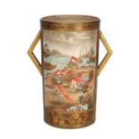 A JAPANESE MEIJI PERIOD SATSUMA CYLINDRICAL TWO HANDLED VASE