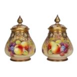A PAIR OF 20TH CENTURY ROYAL WORCESTER PORCELAIN FRUIT PAINTED POT POURRI VASES AND COVERS SIGNED JA