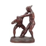 A MEIJI PERIOD JAPANESE CARVED HARDWOOD SCULPTURE OF TWO WRESTLERS