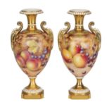 A PAIR OF 1969 ROYAL WORCESTER PORCELAIN FRUIT-PAINTED CABINET VASES