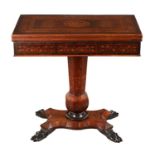 A 19TH CENTURY IRISH KILLARNEY INLAID ARBUTUS AND YEWWOOD FOLDING TOP GAMES TABLE