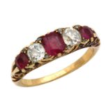 A VICTORIAN FIVE STONE RUBY AND DIAMOND 14CT GOLD RING