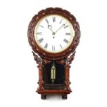 A 19TH CENTURY ENGLISH CARVED MAHOGANY FUSEE WALL CLOCK