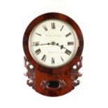 W. LEADBEATER, PRESCOTT. A LATE 19TH CENTURY FIGURED MAHOGANY DOUBLE FUSEE WALL CLOCK