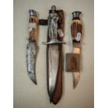 Collection of assorted Hunting knives, Presentation knife in scabbard and a Heraldic Matchbox cover