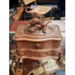 Good quality Edwardian Black Forest carved Walnut Jewellery box with surmounted Pheasant group