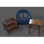 A Victorian low seat tub shaped chair together with a four division Canterbury and a hardwood stool