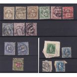 Switzerland 1878-1905 Postage due, and regular stamps on three snall stockcards.