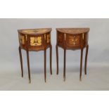 A PAIR OF FRENCH STYLE MARQUETRY INLAID DEMI-LUNE THREE DRAWER BEDSIDE TABLES. 2ft 3.5ins high x 1ft