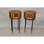 A PAIR OF FRENCH STYLE MARQUETRY INLAID OVAL THREE DRAWER BEDSIDE TABLES. 2ft 3.5ins high x 1ft 4ins