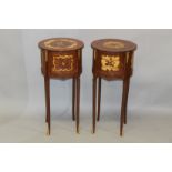 A PAIR OF FRENCH STYLE MARQUETRY INLAID CIRCULAR THREE DRAWER BEDSIDE TABLES. 2ft 3.5ins high x