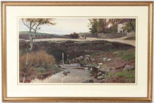JOHN McDOUGAL (1851-1945) View of a bridge over a stream with figures and cottage watercolour signed