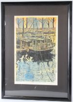 PAUL HIPKISS 'Boats Oosterdok, Amsterdam' coloured woodcut print variation 2, No.1 signed and