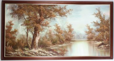 IRENE CAFIERI (20TH CENTURY) Lakeside woodland panorama oil on canvas signed 59.5 x 121cm
