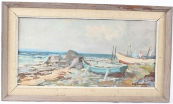 CONTINENTAL SCHOOL (20TH CENTURY) Fishing boats off a shoreline oil on canvas signed indistinctly 29