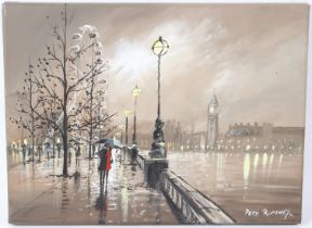 PETE RUMNEY (1974) 'London Romance' Thames Embankment on a rainy night oil on canvas signed with
