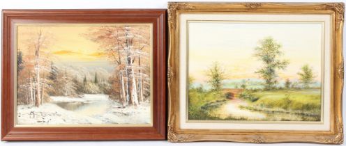 E I GOSS (20TH CENTURY) River landscape with bridge oil on board signed and dated 1987 29 x 39cm and