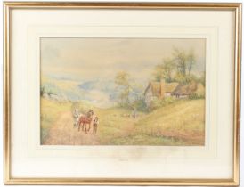 A D BELL (LATE 19TH EARLY 20TH CENTURY) Landscape of farmer with haycart passing a woman and cottage