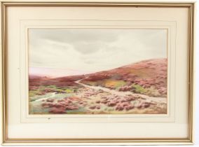 BARAGWANATH KING (1864-1939) Heather moorland landscape watercolour signed and dated '10 28 x 48cm