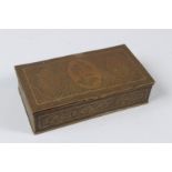 A FINELY ENGRAVED 19TH CENTURY PERSIAN QAJAR BRASS BOX depicting Shah Abbas. 15cms x 8cms