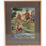 A 19TH CENTURY PERSIAN QAJAR PAINTING depicting Khusro and Shirin. 23cms x 16cms