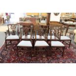 A GOOD CHIPPENDALE STYLE MAHOGANY SET OF EIGHT DINING CHAIRS, two with arms.