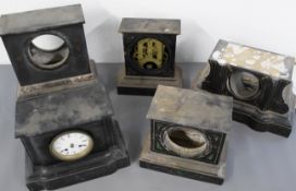 Five slate mantel clocks for spares or repairs, including internals by Ansonia USA and H Brudieu