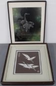 Introduction to Shokaku - Matsutsuru frame, cone carved print of Cranes 41cm x 53cm, Ise Katagami