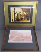 2 Chinese photographic prints, Buddha statues & building with bridge in foreground