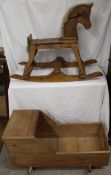 Wooden Artisan Child's Rocking Horse 100cm x 75cm x 45cm and a Pine Rocking Crib 95cm x 50cm x 52cm